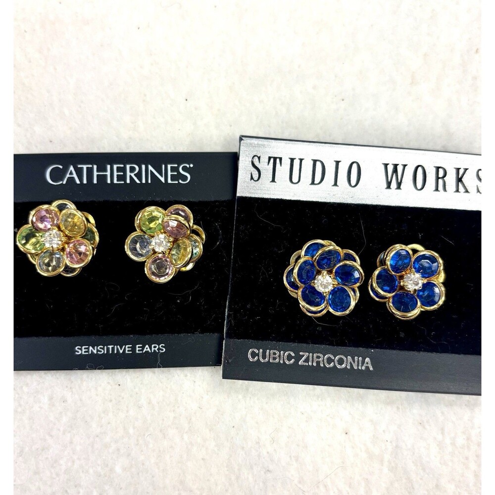 NWT Studio Works CZ Blue Flower Stud Earrings & Catherines Pastel Rhinestone Lot
